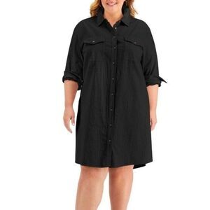 Style & Co Womens Size Medium Cotton Utility Shirt Dress Black Pockets Button